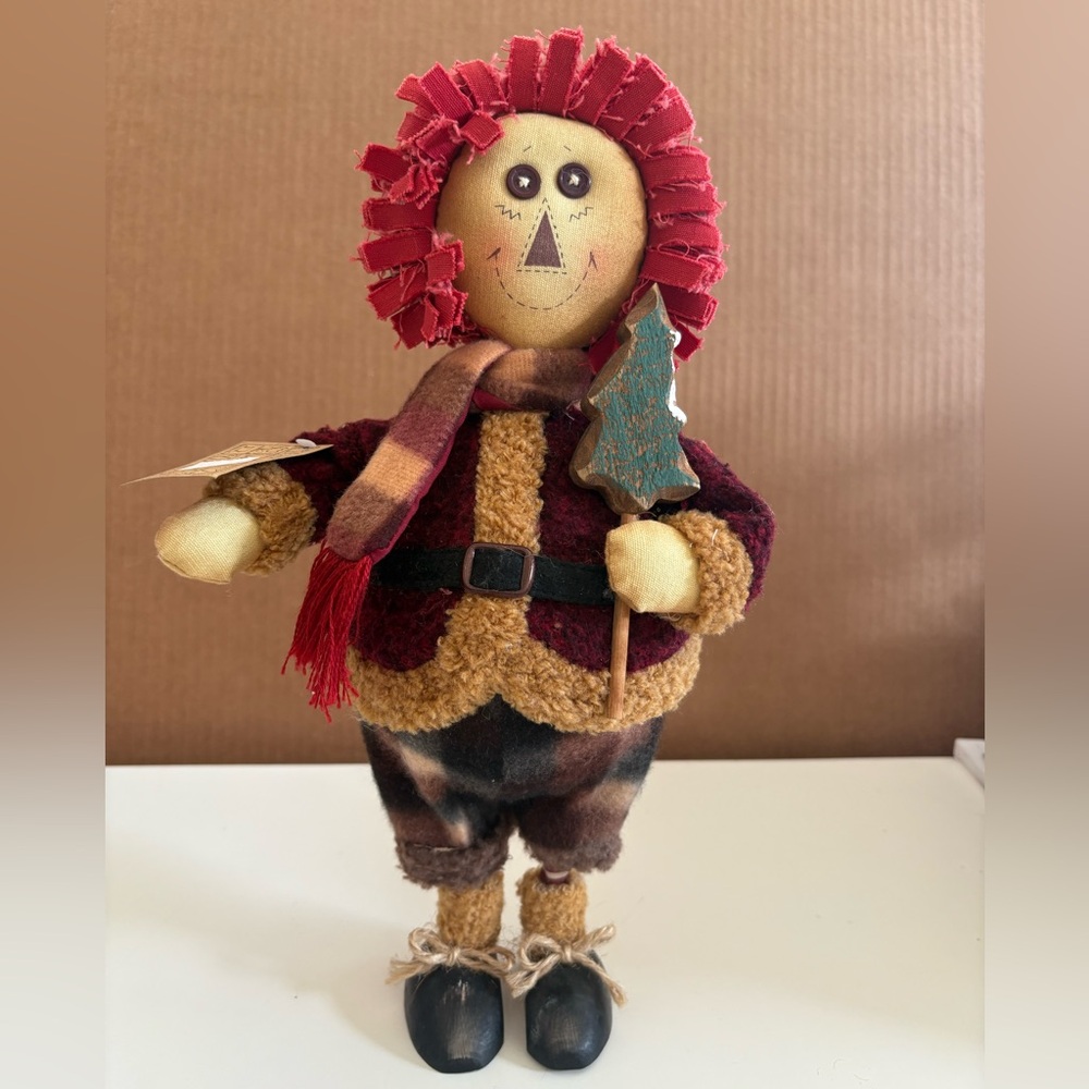Primitive Country Rustic Plush RAGGEDY ANDY With Scarf Holding Christmas Tree